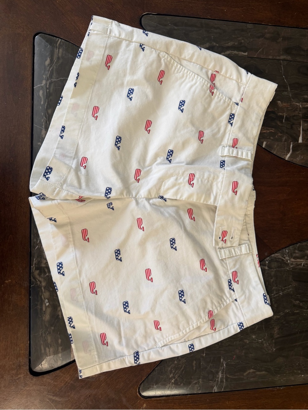 Vineyard Vines White Shorts with Red & Blue Flag Print